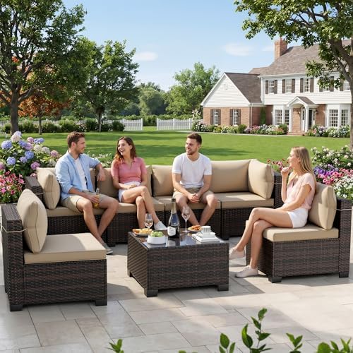 CHABATREE 7-Piece Outdoor Patio Furniture Sets, Manual Weaving Rattan Conversation Sectional Sofa with Tempered Glass Coffee Table, All-Weather PE Wicker & Thick Cushions for Garden, Backyard, Porch