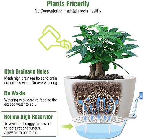 UOUZ 12inch Self Watering Pots, Plastic Planters with Mesh Drainage Holes and Deep Reservoir for Indoor Outdoor Garden Plants and Flowers, White