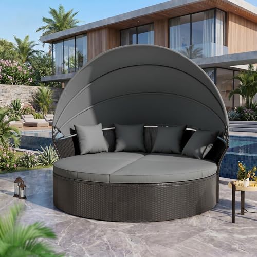 Crownland Round Patio Daybed with Retractable Canopy, Clamshell Wicker Sectional, Outdoor Wicker Furniture Daybed for Backyard, Poolside, or Garden，Grey