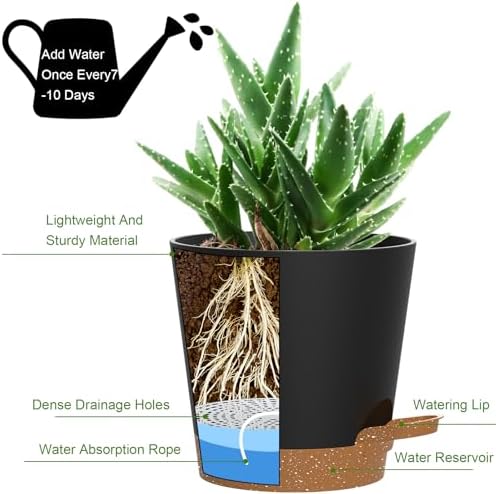 12 inch Large Self Watering Pots for Indoor Plants, Plastic Planters Pots with Multi-Mesh Drainage Holes and Saucer, Flower Pot for Indoor and Outdoor Garden Plants (Black with Brown)