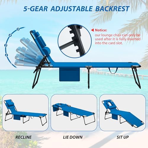 Folding Tanning Chair with FaceHole,5 Adjustable Positions, Blue