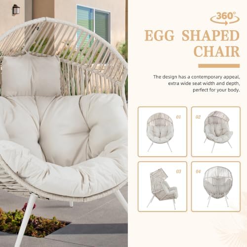 Vongrasig Outdoor Wicker Egg Chair PE Rattan Chair with Cushion, Oversized Patio Lounge Chair for Outdoor, Indoor, Balcony, Backyard, Garden, Beige/Rattan