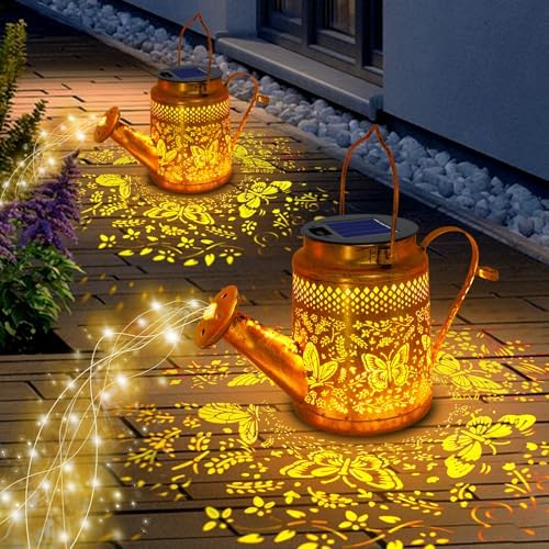 2 Pack Big Solar Butterfly Watering Can Lights, Gift For Mom Grandma