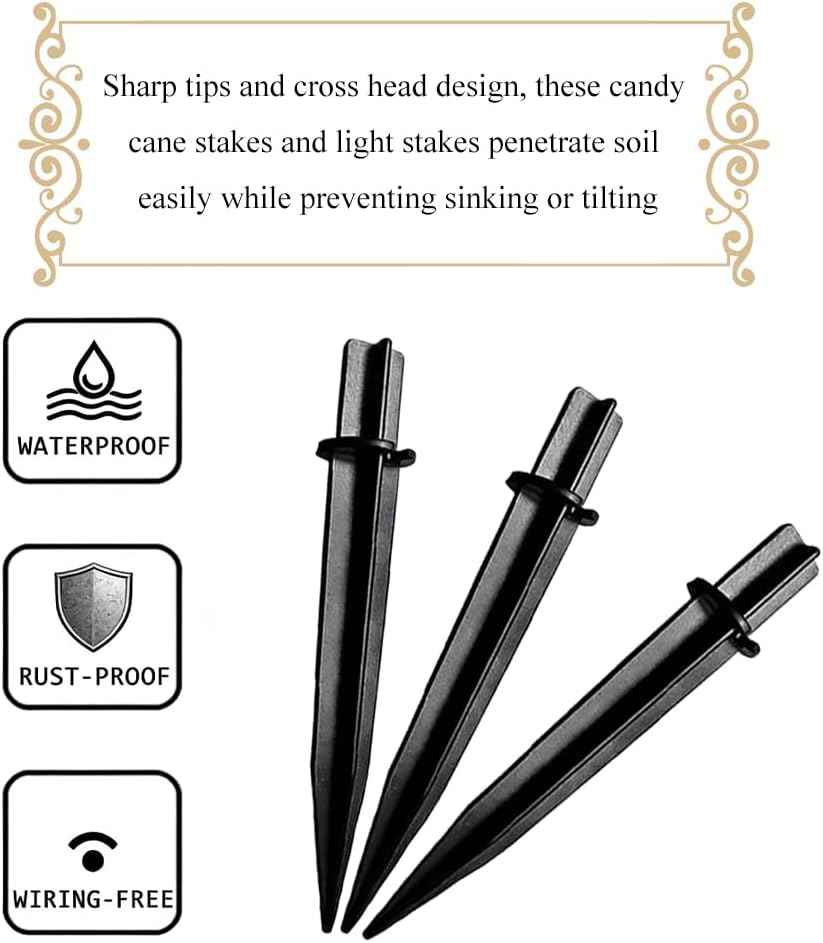 Haruyuki 10 Pieces Reinforced Ground Spikes Solar Light Stakes Replacement, 0.5 inch x 4.72 inch, Durable Black ABS Plastic Pathway Light Replace Candy Cane Stakes for Christmas Outdoor Yard Lights