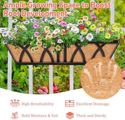Riare 3 Pack 24 Inch Metal Railing Planter Window Box with Coco Liner