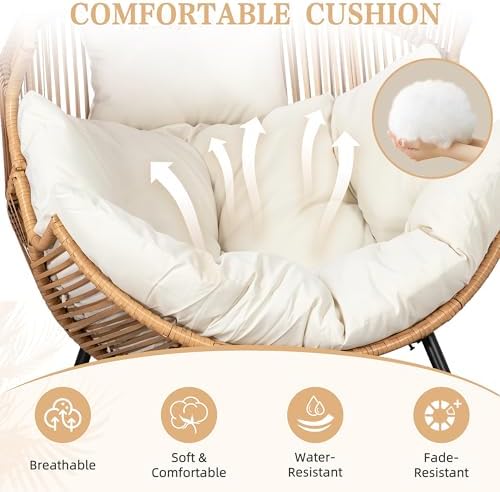 Vongrasig Wicker Rocking Egg Chair PE Rattan with Cushion, Oversized Patio Lounge Rocker Chair for Outdoor, Indoor, Balcony, Backyard, Garden, Beige