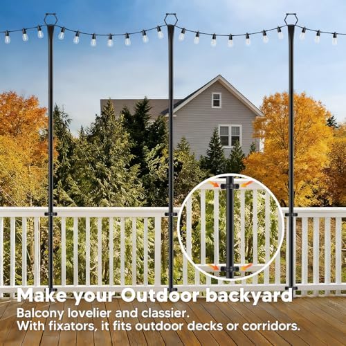 10Ft String Light Poles 6 Pack,Light Poles for Outside Lights,Outdoor with Fence Brackets Hanging Lights,Metal Stand Deck Patio Backyard