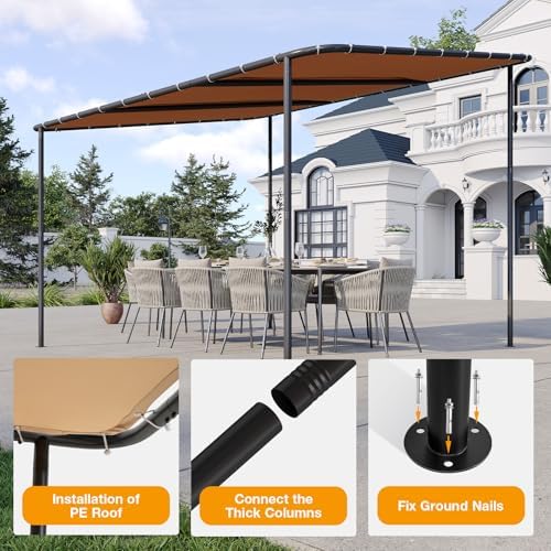 10x12 Lean to Pergola Outdoor Gazebo with Water Resistant & UV-Resistant, Sloped Roof Awning Wall-Mounted Canopy for Patio Backyard, Deck, or Garden Khaki