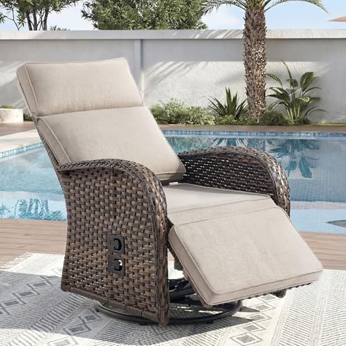 Zero Gravity Patio Swivel Recliner Chair - Wicker Outdoor Lounge Chair with Adjustable Backrest & Footrest, All Weather Reclining Rocker Chairs with Thick Cushion for Pool Deck Beige