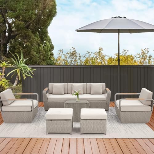 HOMREST Patio Furniture Set, Oversized 7-Seat Outdoor Sectional with Ottoman and Coffee Table, Wicker Rattan Patio Sofa Set with 5" Thick Removable Cushions for Garden, Porch, Backyard, Light Gray