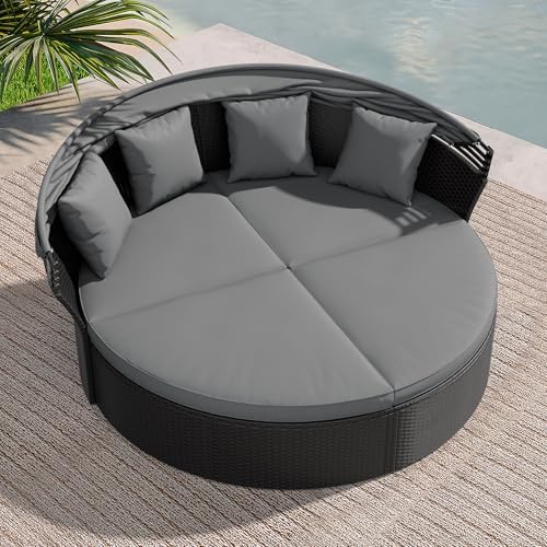 Crownland Round Patio Daybed with Retractable Canopy, Clamshell Wicker Sectional, Outdoor Wicker Furniture Daybed for Backyard, Poolside, or Garden，Grey