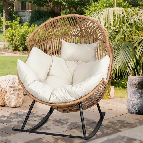 Vongrasig Wicker Rocking Egg Chair PE Rattan with Cushion, Oversized Patio Lounge Rocker Chair for Outdoor, Indoor, Balcony, Backyard, Garden, Beige