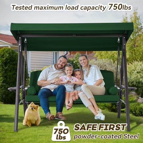 3 Seat Outdoor Patio Porch Swing with Adjustable Canopy, 3 in 1 Swing for Adults, Patio Swing Chair with Thickened Cushions,Pillows & Cup Holders for Backyard, Porch, Garden (Green)