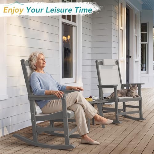 Outdoor Rocking Chair Set of 2 with Removable Headrest, HDPE All-Weather Rocker with Breathable Textilene, Patio Rocking Chairs for Adult, High Back Smooth for Porch, Garden, Dark Gray