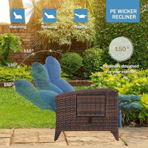 ZZW Upgraded Outdoor Recliner Chair, Reclining Patio Chairs with Adjustable Back up to 150°Lay Flat and Extended Footrest, Wicker Recliner Chairs with Flip Table and Removable Olefin Cushion