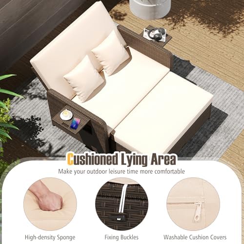 LDAILY Moccha Outdoor Daybed, Wicker Loveseat Sofa Set with 4-Postion Adjustable Backrest, Storage Ottoman, Cushions, Rattan Double Bed Lounger, Patio Furniture Set (Beige)