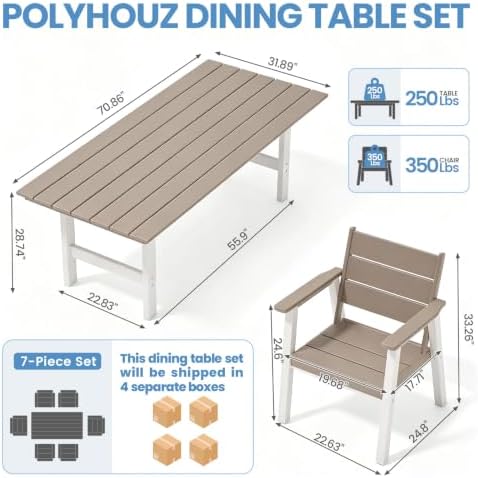 Outdoor Dining Set,7-Piece Patio Table and Chairs Set for 6, HDPE Outdoor Dining Table and Chairs with Umbrella Hole, All-Weather Patio Dining Furniture Set,White Brown