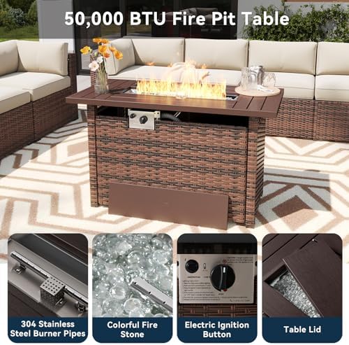 LazySunsets 8 Piece Outdoor Patio Furniture Set with 44'' Fire Pit Table, Outdoor Patio Furniture Set with 4'' Thicken Cushion, Wicker Rattan Outdoor Conversation Set for Backyard & Garden, Beige