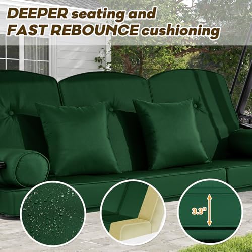 3 Seat Outdoor Patio Porch Swing with Adjustable Canopy, 3 in 1 Swing for Adults, Patio Swing Chair with Thickened Cushions,Pillows & Cup Holders for Backyard, Porch, Garden (Green)