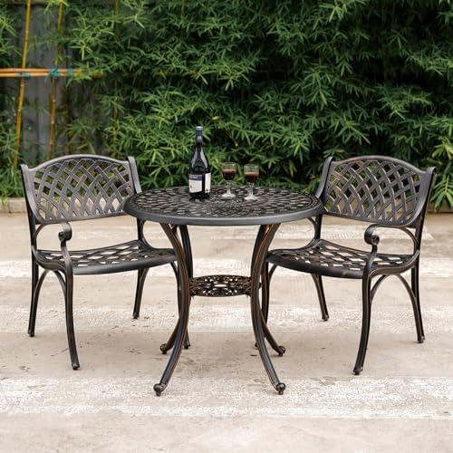 31" Round Patio Dining Table with Umbrella Hole, Cast Aluminum Bistro Table Outdoor Side Table for Backyard, Garden, Patio, Porch