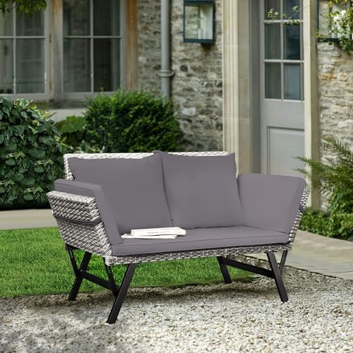 Greesum Outdoor Sofa,Convertible Daybed or Double Chair,Gray & Blue