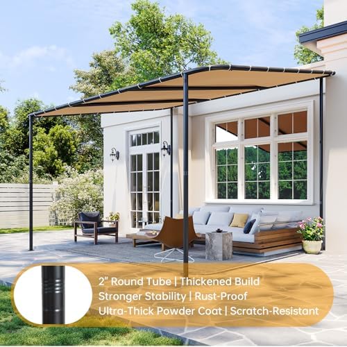 10x12 Lean to Pergola Outdoor Gazebo with Water Resistant & UV-Resistant, Sloped Roof Awning Wall-Mounted Canopy for Patio Backyard, Deck, or Garden Khaki