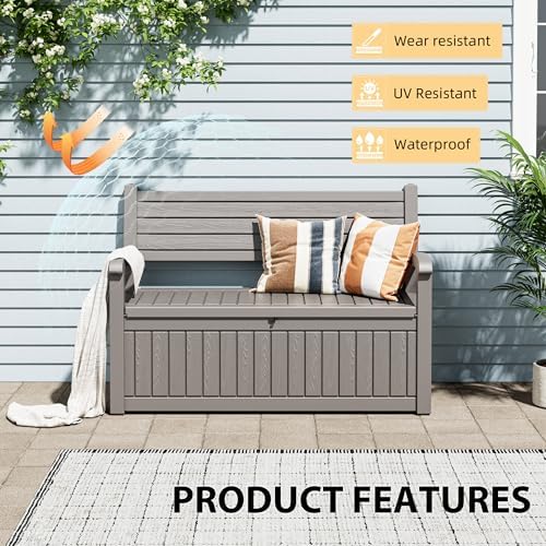80 Gallon Lockable Deck Bench with Storage, Resin Stripes Outdoor Storage Box, Waterproof Outdoor Porch Bench for Patio Pool and Cushions Garden Tools, Grey