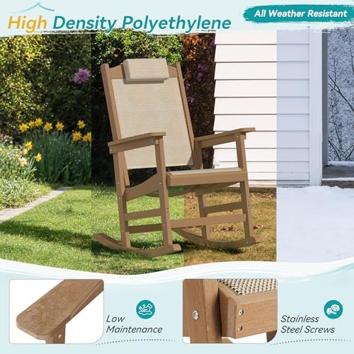 3-Piece Outdoor Rocking Chair Set, HDPE Patio Rocking Chair with Removable Headrest, Breathable Textilene & Table, All-Weather Resistant Poly Porch Rockers Set for Porch, Garden, Walnut Brown