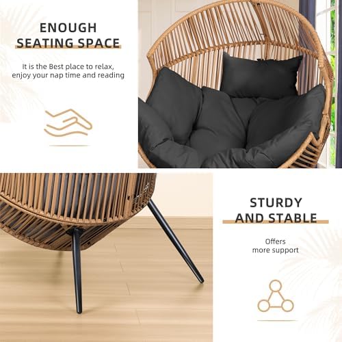 Vongrasig Outdoor Wicker Egg Chair PE Rattan Chair with Cushion, Oversized Patio Lounge Chair for Outdoor, Indoor, Balcony, Backyard, Garden, Black