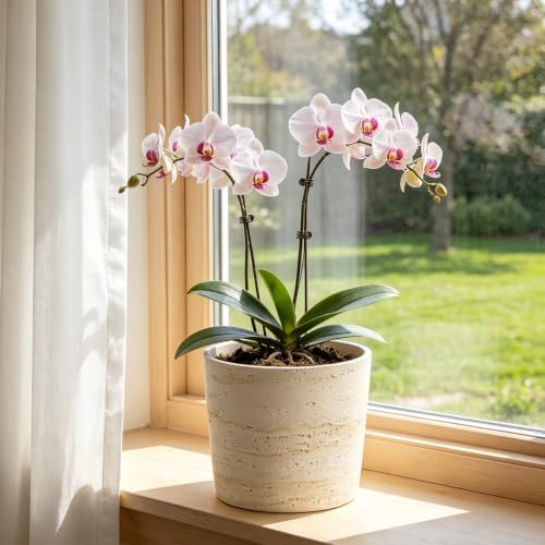 Ekirlin 7 Inch Natural Travertine Textures Plant Pot, Resin Outdoor