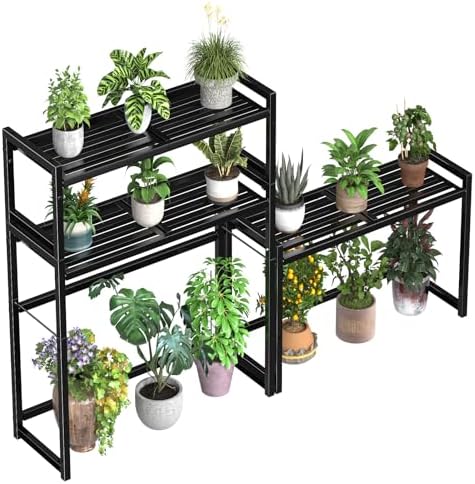 Ekisemio 3-Tier Metal Plant Stand, Heavy Duty Waterproof Indoor Outdoor Stackable Shelf, Tall Flower Pot Holder & Display Rack for Garden, Black