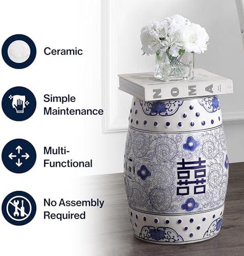 JONATHAN Y Double Happiness Ceramic Garden Stool 18" Table, Blue/White