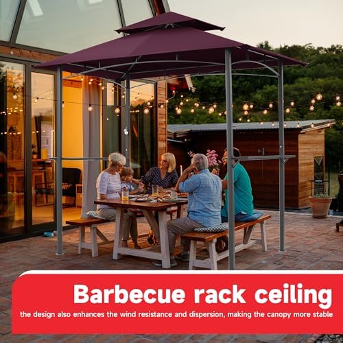 Gazebo Canopy Replacement Top - Grill Gazebo Replacement Canopy Roof – 5x8 Outdoor Grill Shelter Canopy Top Double Tiered BBQ Tent Cover (Claret)