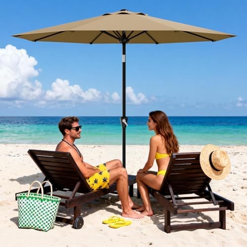 9FT Umbrella Outdoor Patio with Push Button Tilt and Crank, 8 Sturdy Ribs