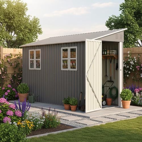 4' x 10' Metal Garden Shed Lockable Doors,Outdoor Storage Shed with Double Windows,Waterproof Shed Outside Storage Clearance for Backyard Patio