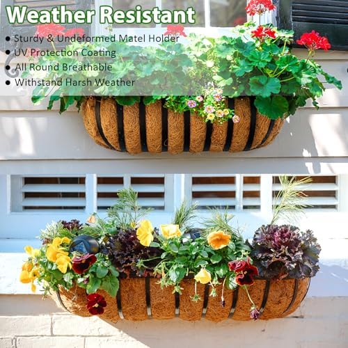 LCHUANG Railing Planter Window Box - 4 Pack 24 Inch Deck Balcony Rail Planter with Coconut Coir Liner, Fence Metal Hanging Flower Basket Deck Railing Planter Boxes for Outdoor Garden