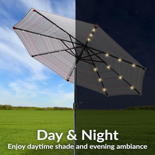 Sunnydaze 9-Foot Outdoor Patio Umbrella with Solar Lights, Awning Stripe