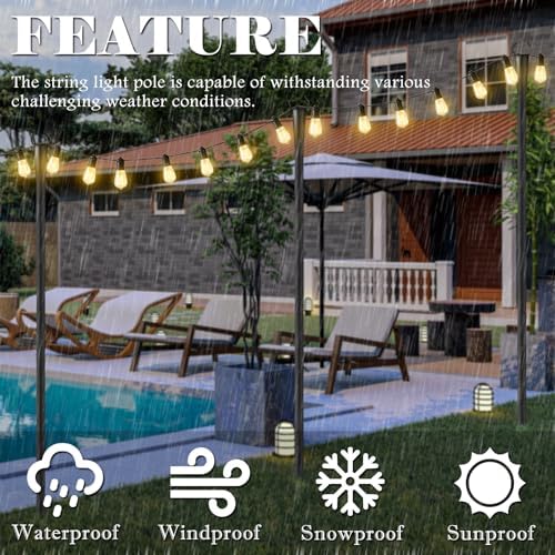10Ft String Light Poles 4 Pack for Outside, Metal Outdoor Light Poles with 5 Prongs for Garden Patio Backyard Deck, Fence Bracket Hanging Light for Party Wedding Decor
