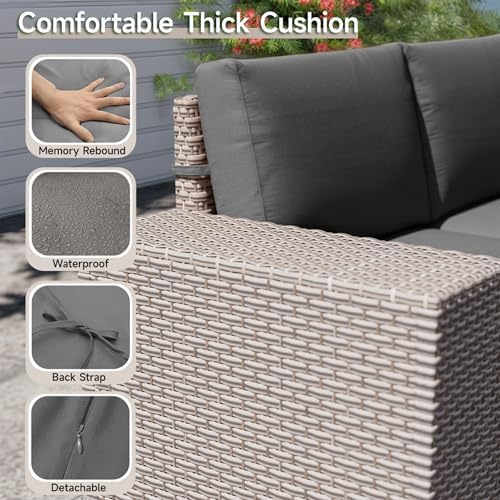 6-Piece Outdoor Patio Furniture Set, Modular Sectional Sofa Set with Glass Coffee Table and Cushions, Wicker Outdoor Couch Conversation Sets, Gray