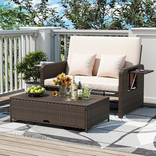LDAILY Moccha Outdoor Daybed, Wicker Loveseat Sofa Set with 4-Postion Adjustable Backrest, Storage Ottoman, Cushions, Rattan Double Bed Lounger, Patio Furniture Set (Beige)