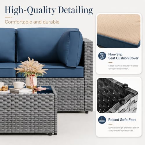 JAMFLY 5-Piece Patio Furniture Set, All-Weather Wicker Outdoor Sectional Sofa with Soft Cushions, Modular Conversation Set for Backyard, Deck, Garden & Poolside(Aegean Blue Cushion)