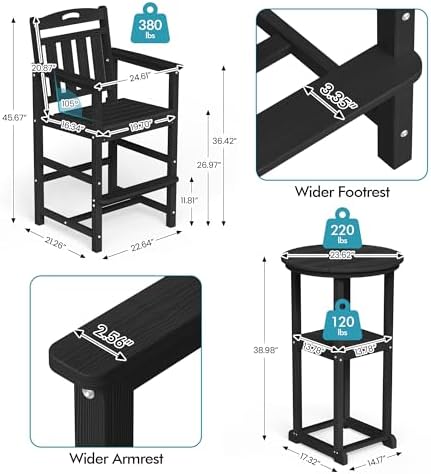 Ciokea Outdoor High Top Bar Set of 3, Space-Saving Bistro Table and Chairs, All-Weather Small Bar Set with Storage Shelf, Round Table with 2 Oversized Adirondack Chairs for Balcony Deck, Black