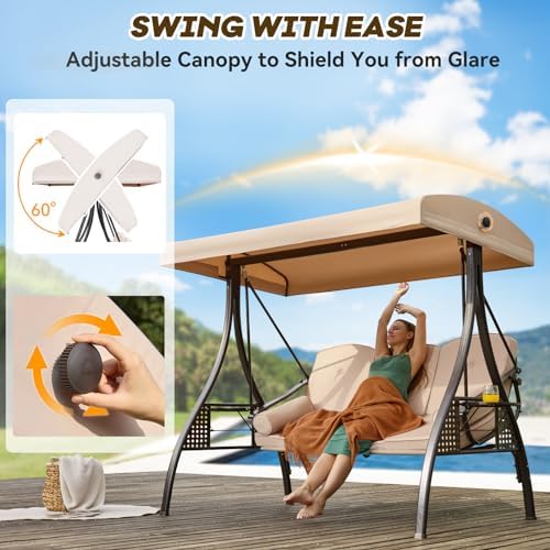 3 Seat Outdoor Swing for Adults, Patio Swing Chair with Thickened Cushions,Pillows & Cup Holders for Backyard, Porch, Garden (White)