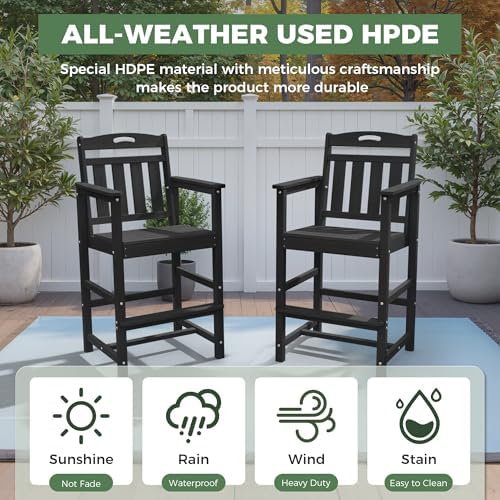 HDPE Outdoor Patio Tall Bar Chair, All-Weather Bar Height Balcony
