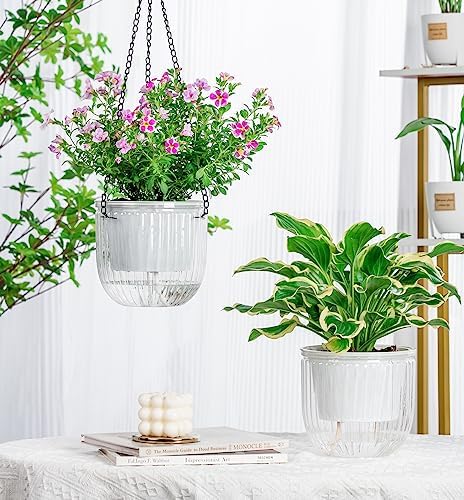 Melphoe 2 Pack Self Watering Hanging Planters Basket Indoor Hanging Flower Pots, 6.5 Inch Outdoor Hanging Plant Pot Basket, with Extra 30 Inch Macrame Plant Hanger for Garden Home Decor