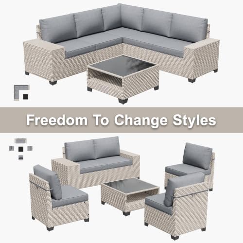 6-Piece Outdoor Patio Furniture Set, Modular Sectional Sofa Set with Glass Coffee Table and Cushions, Wicker Outdoor Couch Conversation Sets, Gray