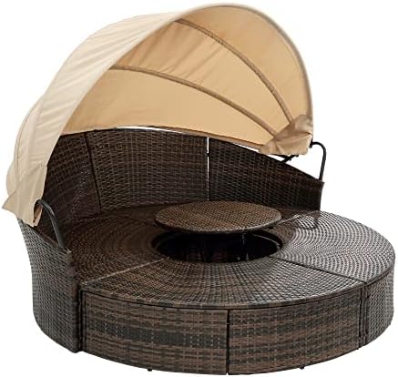 Outdoor Patio Rattan Round Daybed with Retractable Canopy, Wicker Furniture Round Poolside Sofa Sunbed with Removable Cushions, Backyard, Porch, Beige Steel