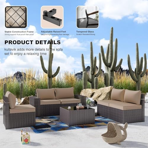 Kullavik 6PCS Outdoor Patio Furniture Set PE Wicker Rattan Sectional Sofa