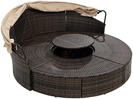 Outdoor Patio Rattan Round Daybed with Retractable Canopy, Wicker Furniture Round Poolside Sofa Sunbed with Removable Cushions, Backyard, Porch, Beige Steel