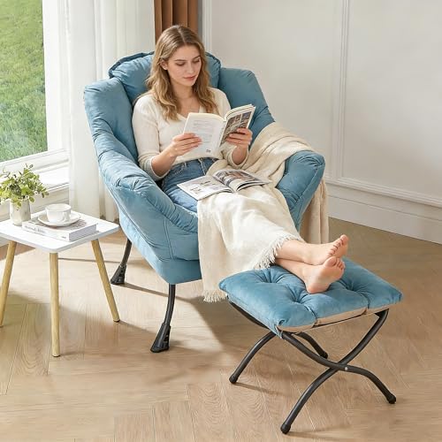 HollyHOME 15"(H) Folding Footrest Stool, Upholstered Small Foldable Ottoman, Accent Padded Sofa Foot Stool for Lazy Chair, Metal Frame Portable Foot Rest Ottoman for Home, Living Room, Bedroom, Blue